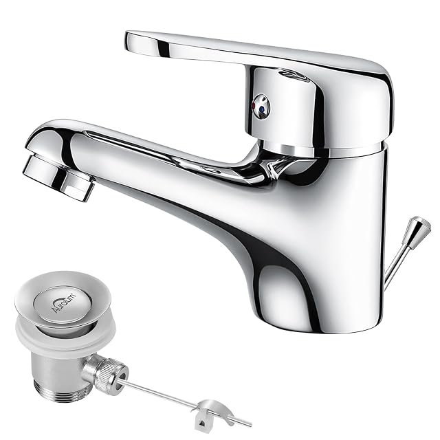Mitigeur de lavabo chromé Auralum avec bonde à tirette en laiton massif