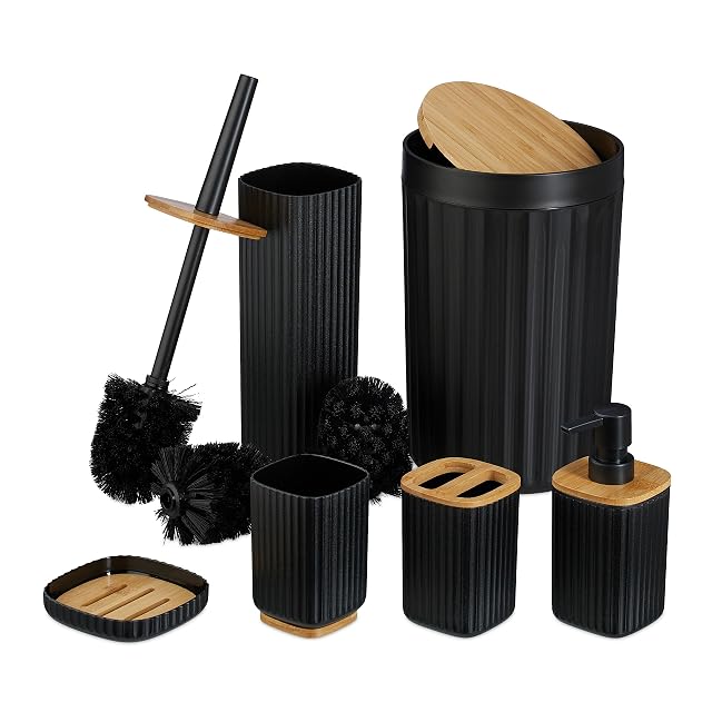 Set de salle de bain six pièces Relaxdays en plastique noir nervuré et bambou