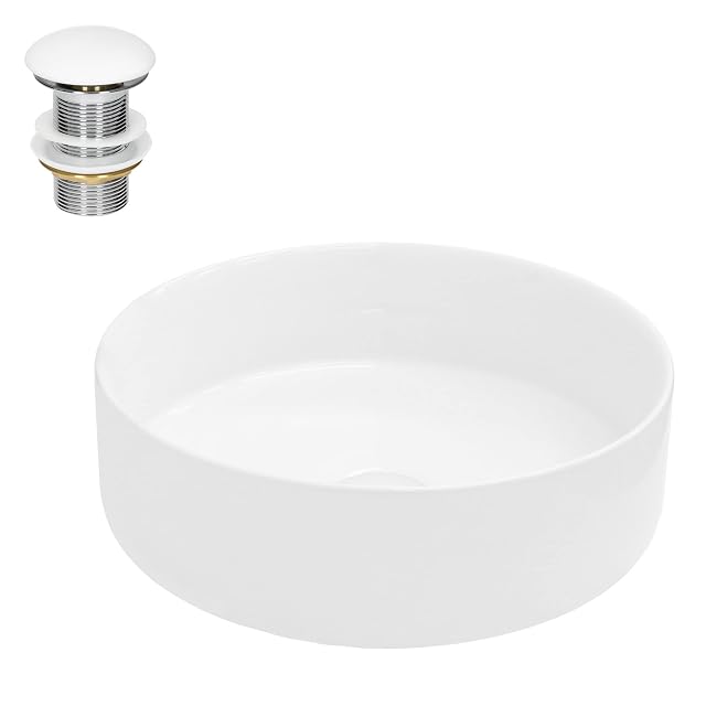 Vasque à poser ronde en céramique blanche LuxeBath avec bonde à clapet