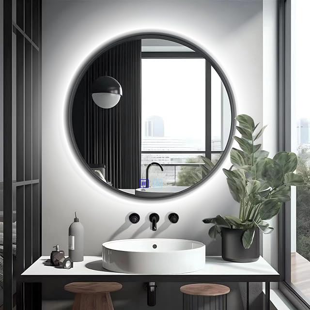 Miroir de salle de bain LED rond à cadre noir Save LOFT