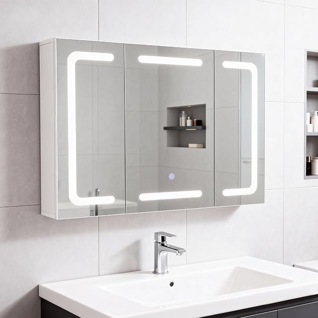 Armoire de toilette de salle de bain blanche à éclairage LED et trois portes Thanaddo