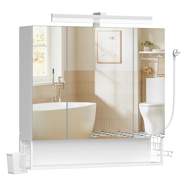 Armoire de toilette de salle de bain blanche à trois portes et bandeau lumineux VASAGLE