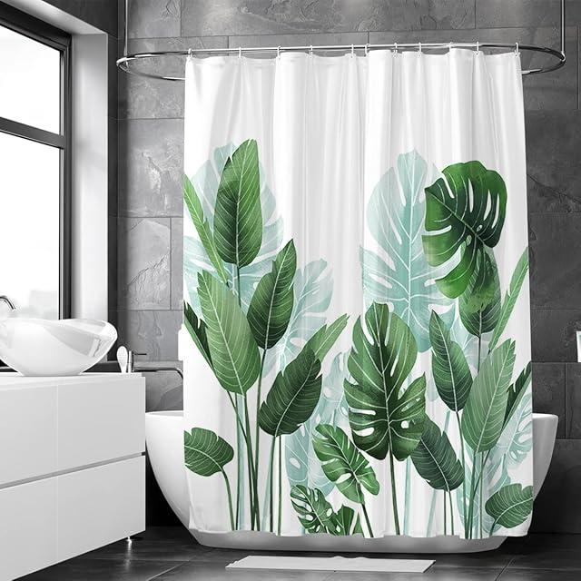Rideau de douche en polyester Loti Living à motif de feuilles vertes