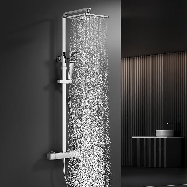 Colonne de douche chromée HOMELODY avec mitigeur thermostatique et pomme de pluie carrée