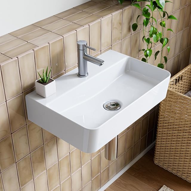Lavabo mural en céramique blanche HOROW à angles arrondis